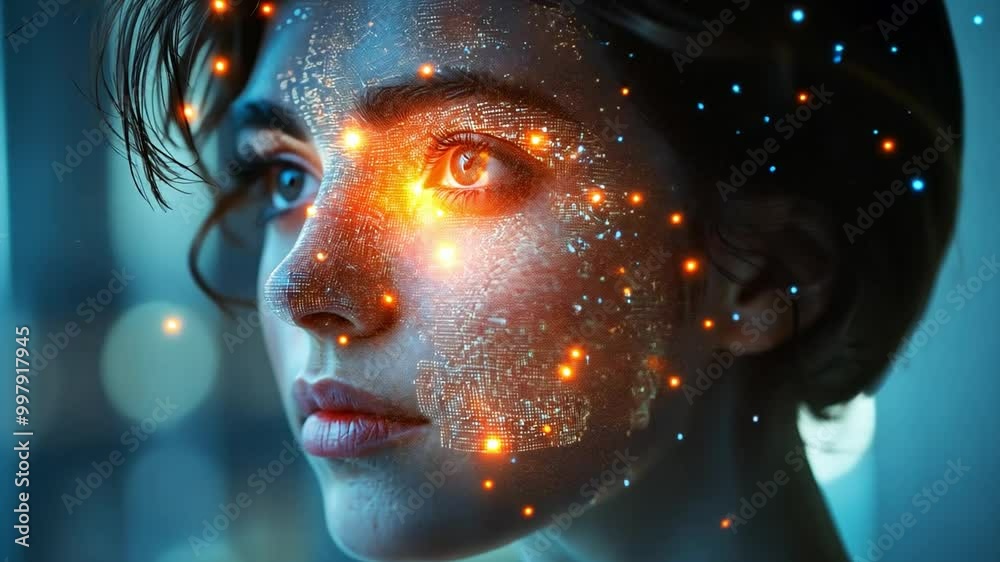 Poster a woman contemplates deeply as intricate digital patterns and lights reflect across her face, set in