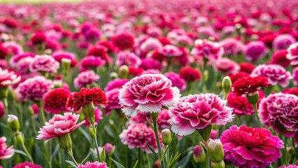Field of blooming Turkish carnations at eye level