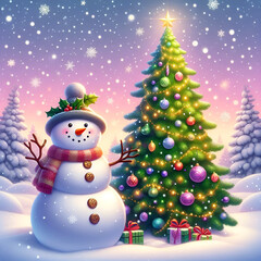 Festive Christmas Background with Tree, Red Baubles, and Twinkling Lights