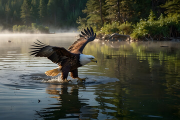  high contast image of A eagle holding fish in her claw and rest on tree with breathtaking landscape
