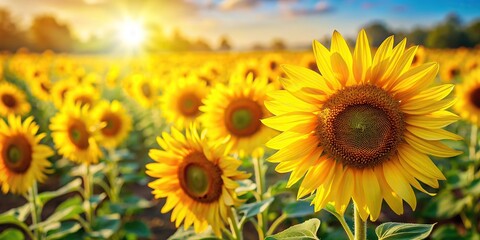 Obraz premium field of bright yellow sunflowers facing the sun macro
