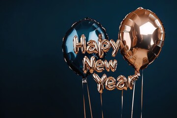 Balloons with "Happy New Year" in gold and blue