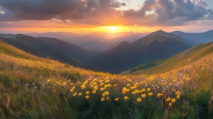 Obraz premium A breathtaking sunset descends behind mountain ranges, casting a warm glow over a valley carpeted in blooming arnica. Carpathian Mountains, Ukraine, Europe. Discover the wonders of nature.