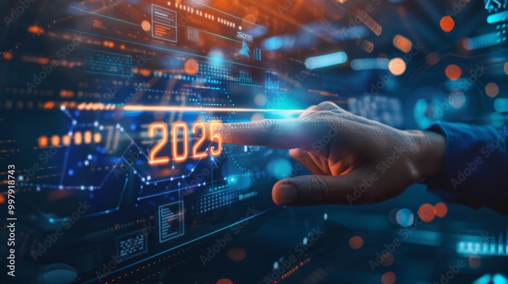 Poster A hand is pointing to the year 2025 on a computer screen