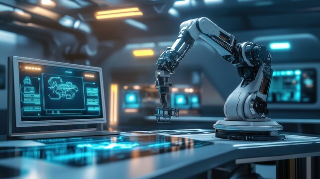 A futuristic robotic arm is assembling complex machinery in a sleek lab filled with glowing panels and advanced holographic displays. Generative AI
