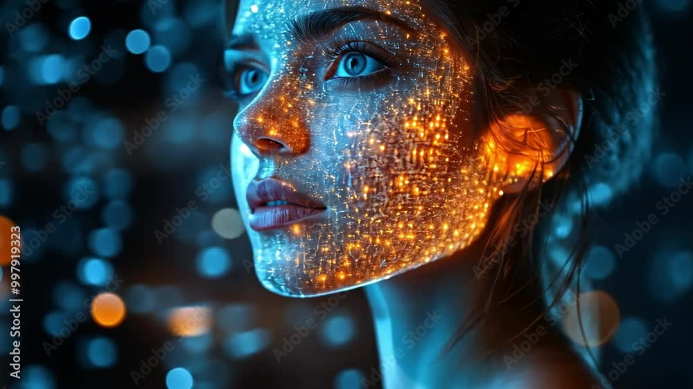 Fototapete A young woman is illuminated by a stunning array of digital lights and colors reflecting on her face, creating a captivating visual effect in a dark setting.