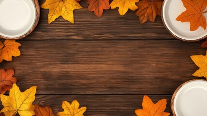 A cozy arrangement of warm autumn leaves and white plates on a rustic wooden surface, evoking a seasonal atmosphere.