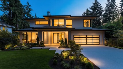 A modern home illuminated at dusk, surrounded by lush landscaping and featuring a spacious driveway and large windows, creating a welcoming atmosphere.