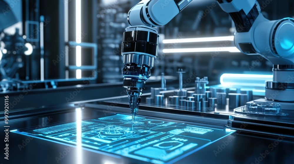 Leinwandbilder in a sleek lab, a robotic arm precisely assembles advanced machinery, utilizing interactive holograp