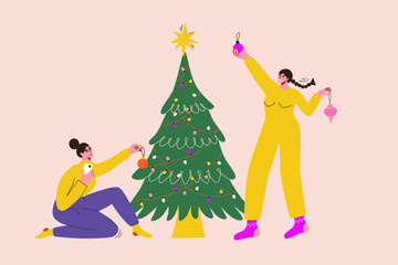 Merry Christmas and happy new year greeting card with happy women decorated Christmas tree together. Friends are celebrating Christmas. Cartoon vector illustration.