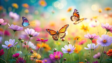 Field of flowers with butterflies and soft focused butterflies in the background