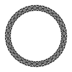 Inca stepped spiral motif, circle frame with Greek meander pattern. Decorative circular border, in ancient  style with angular spirals. Black and white illustration, isolated on white background.