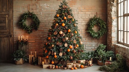 A rustic Christmas tree adorned with dried citrus, cinnamon sticks, and handmade wooden ornaments, set in a warm, natural setting with evergreen wreaths and candles placed around the room,