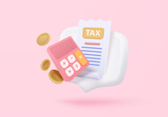 3d tax statistic and wealth management on clipboard checklist. Composition report with financial annual accounting, calculate risk and plan pay invoice. 3d tax strategy vector icon render illustration