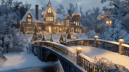 A snow-covered bridge leading to a grand estate decorated for Christmas