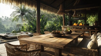 A rustic Filipino outdoor dining area with a large wooden table