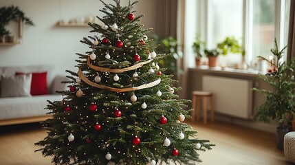 A Scandinavian Christmas tree with understated elegance, adorned with small red ornaments, natural wood garlands, and white baubles,