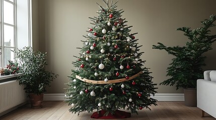 A Scandinavian Christmas tree with understated elegance, adorned with small red ornaments, natural wood garlands, and white baubles,