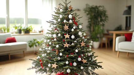 A Scandinavian minimalist Christmas tree with natural wooden stars, white baubles, and red ribbon accents, set in a bright, airy space with light wood floors and simple, modern Scandinavian furniture,