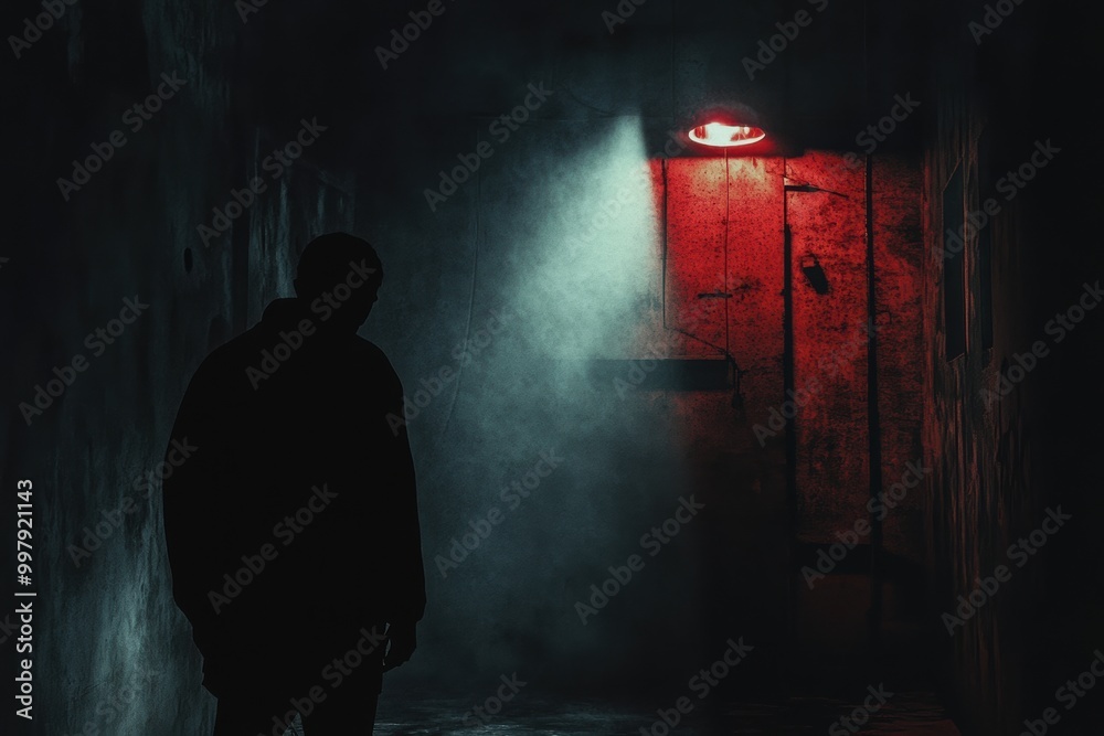 Poster a solitary figure is illuminated by a bright spotlight, surrounded by deep shadows and an eerie atmo