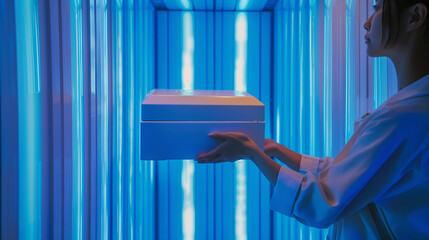 a box parcel  is put inside innovative portal. Blue neon and sophisticated apparatus