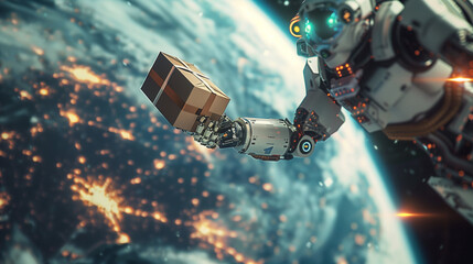 AI robot delivering cargo boxes in space, a futuristic and dynamic scene. The robots have white armor with blue details.  cardboard boxes are being carried in Earth's atmosphere. Future of logistics