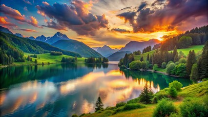 Fototapeta premium A picturesque sunset paints vibrant colors above a calm lake, surrounded by lush green mountains that create a