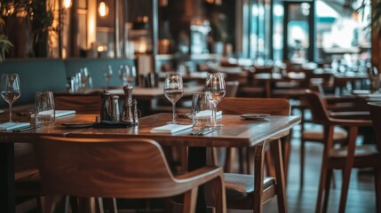 A contemporary restaurant interior with stylish furniture, wooden chairs, and tables set with glasses and plates, creating a chic and sophisticated ambiance.