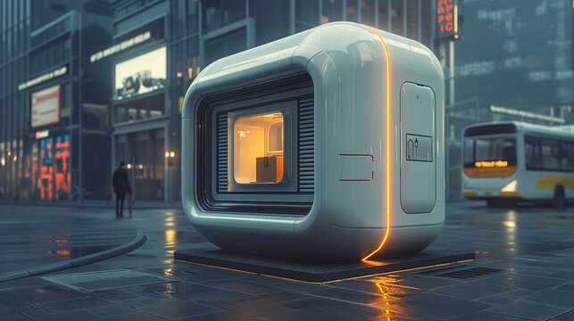 A small, square, white, futuristic pod for post parcels on the street, realistic photography. Innovtive logistics technology, urbanistic
