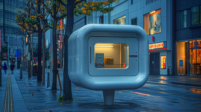 A small, square, white, futuristic pod for post parcels on the street, realistic photography. Innovtive logistics technology, urbanistic