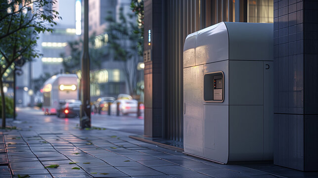 A small, square, white, futuristic pod for post parcels on the street, realistic photography. Innovtive logistics technology, urbanistic