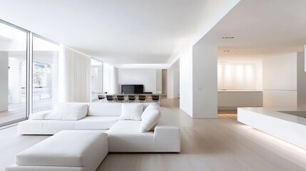 A contemporary Scandinavian minimalist living room. The spacious, uncluttered room features white walls and a minimalist white sofa.
