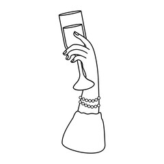 Elegant outline female hand with drink in glass. Line drawing, coloring book. Vector illustration