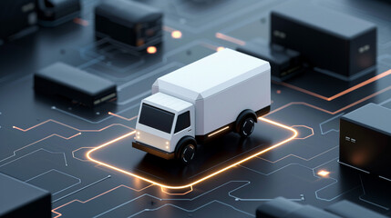 white delivery truck 3d model, smart logistics concept, telecommunication and innovation in transport