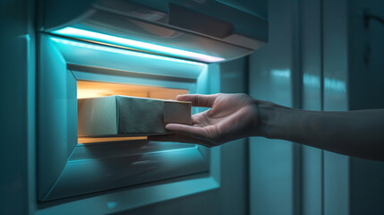 Hand taking or putting a parcel inside futuristic innovative parcel sender, a portal, new technologies of post
