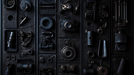 Obraz premium dark industrial gothic album abstract art, lot of black colors, darkest of the dark, not colorful