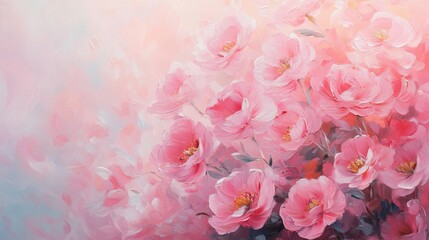 Pastel pink floral explosion, abstract summer flowers, canvas oil painting, soft and dreamy texture, soft light glowing around the flowers, impressionist technique