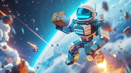 AI robot delivering cargo boxes in space, a futuristic and dynamic scene. The robots have white armor with blue details.  cardboard boxes are being carried in Earth's atmosphere. Future of logistics