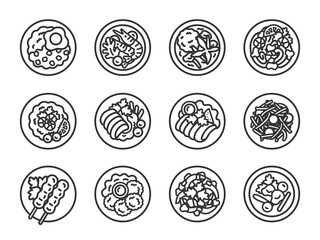 タイ料理のアイコン（線画）のイラストセット
