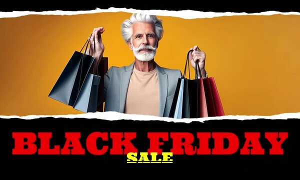 banni&egrave;re commerciale pour Black Friday avec un bel homme s&eacute;nior tenant des sacs,  sur un fond jaune et le texte apparaissant pour promouvoir des offres sp&eacute;ciales et des soldes
