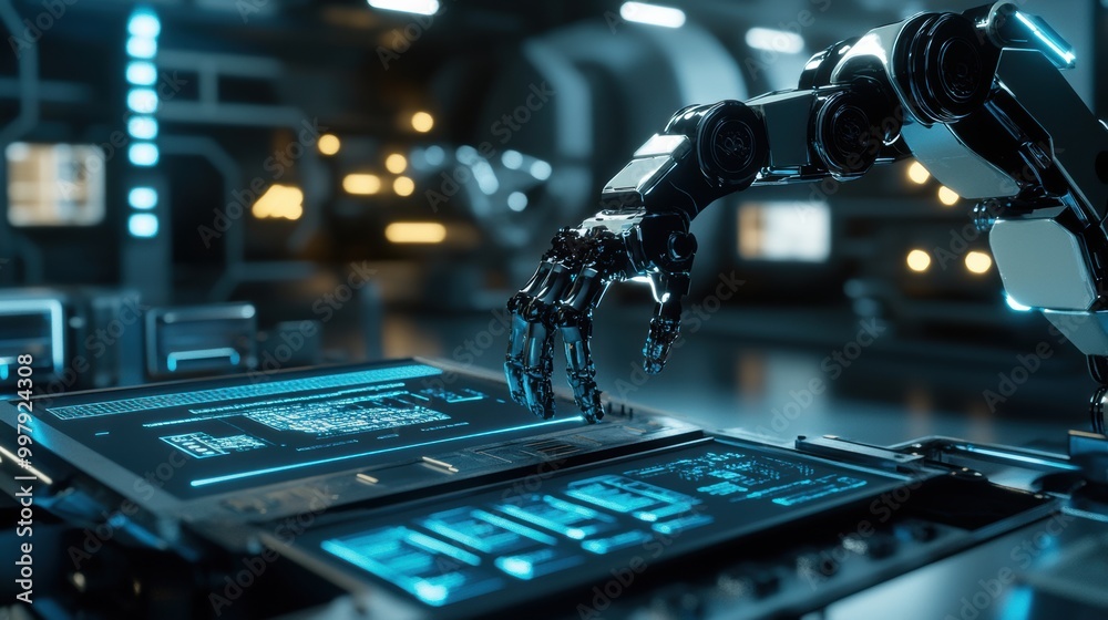 Leinwandbilder a robotic arm skillfully assembles advanced machinery in a sleek lab equipped with glowing panels an