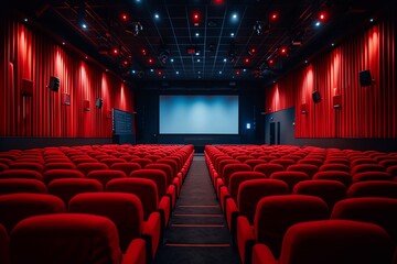 A spacious cinema theater showcases rows of vivid red seats facing a large, vacant screen, ready for an evening viewing experience