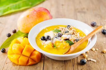 Bowl of cereal with fresh fruits, mango, blueberry, banana, and coconut. Ideal for breakfast, diet, and healthy eating concepts