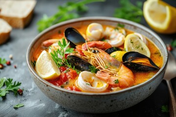 A bowl of seafood soup with shrimp, mussels, and lemon. Perfect for showcasing a delicious and healthy meal.