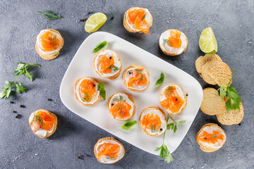 Selection of toasts with cream cheese, salmon, and smoked salmon. Perfect for buffet, party food, and healthy dining