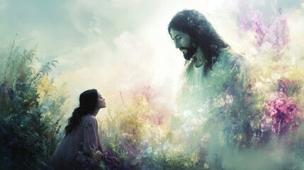 A woman gazes up at Jesus Christ, bathed in heavenly light amidst a field of blooming flowers.  .