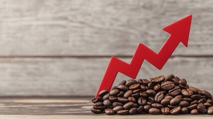 A red arrow indicating growth rises above a pile of coffee beans on a wooden surface, symbolizing a positive trend in the coffee market.