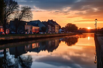 Obraz premium Historic town by the river at sunset