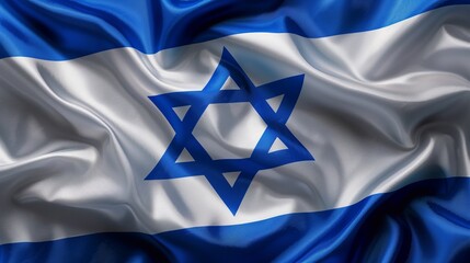 Waves of blue and white fabric display the Israeli flag, emphasizing cultural pride and national identity against a clear backdrop