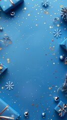 Naklejka premium A blue background with a bunch of Christmas decorations including a bunch of box